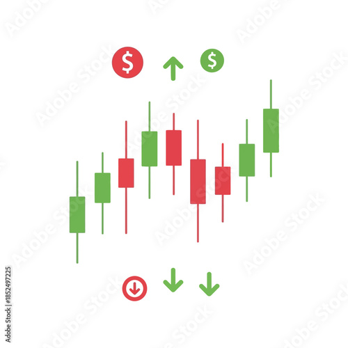 Financial market candlestick chart showing price trends with dollar signs and directional arrows.
