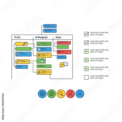 Project Management Kanban Board with Task Status Indicators.