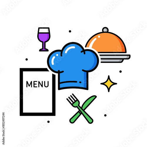 Colorful illustration of restaurant and dining elements including chef hat, menu, wine glass, cloche, and cutlery in a modern line art style.