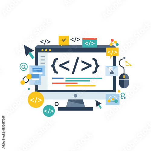 A flat design illustration of a computer monitor displaying code, surrounded by various programming and web development icons.
