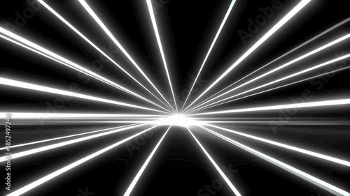 Abstract futuristic speed lines generate dynamic motion with white light streaks on black background, evoking energy and excitement while capturing essence of innovation and speed