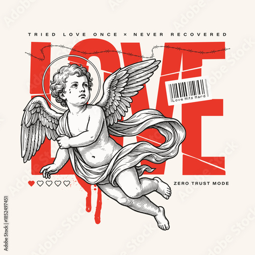 Grunge Typographic Design With Vintage Cupid