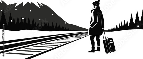 Person standing alone on snowy train tracks with mountains