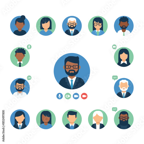 A diverse group of people avatars participating in an online video conference or virtual meeting.