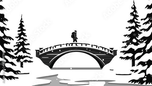 Man crosses snowy bridge in serene winter landscape alone