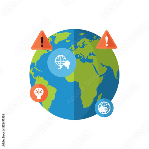 Global warning and health crisis concept with Earth and various alert icons.