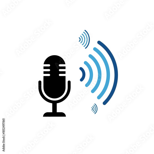 Black microphone icon with blue sound waves on a white background, representing audio recording and wireless communication.