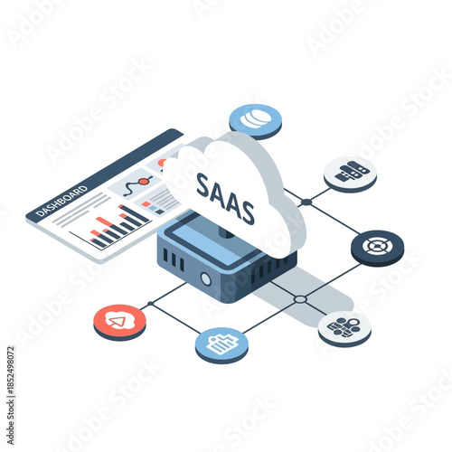 Isometric illustration of a SaaS cloud computing platform connected to a server, dashboard, and various data services, representing modern business technology solutions.