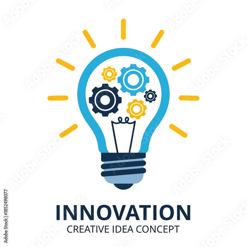 A bright blue lightbulb with internal gears radiating yellow light, symbolizing innovation and creative ideas.