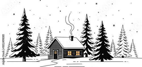 Cozy snow-covered cabin nestled among pine trees on winter night