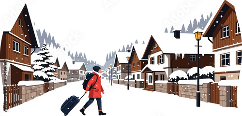Traveler exploring snowy mountain village with luggage