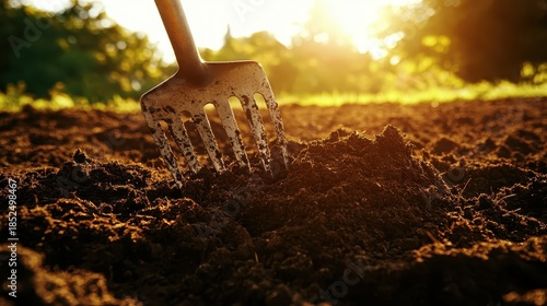 Sturdy gardening fork piercing rich dark soil in bright sunlight