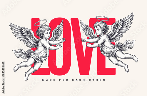 Love Typography With Vintage Cupids