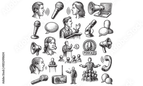 Public Speaking Communication Icon Set Hand Drawn Sketch Style Vector Collection