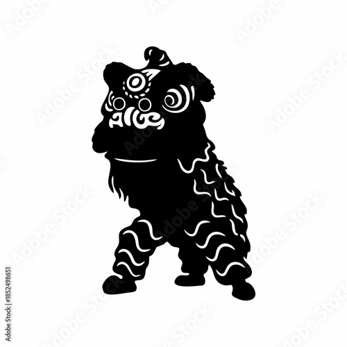 silhouette of a lion dance against a white background