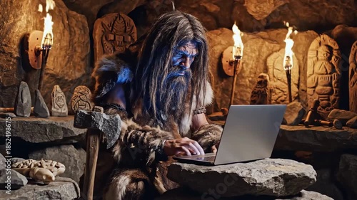 A dramatically lit, warm-toned caveman is typing on a computer inside his primitive, stone-walled prison, blending prehistoric style with modern technology.