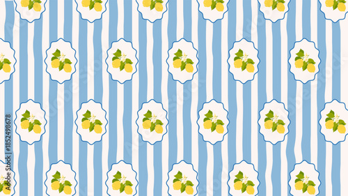 Lemon. Seamless pattern with lemons on a striped background. Modern retro illustration.