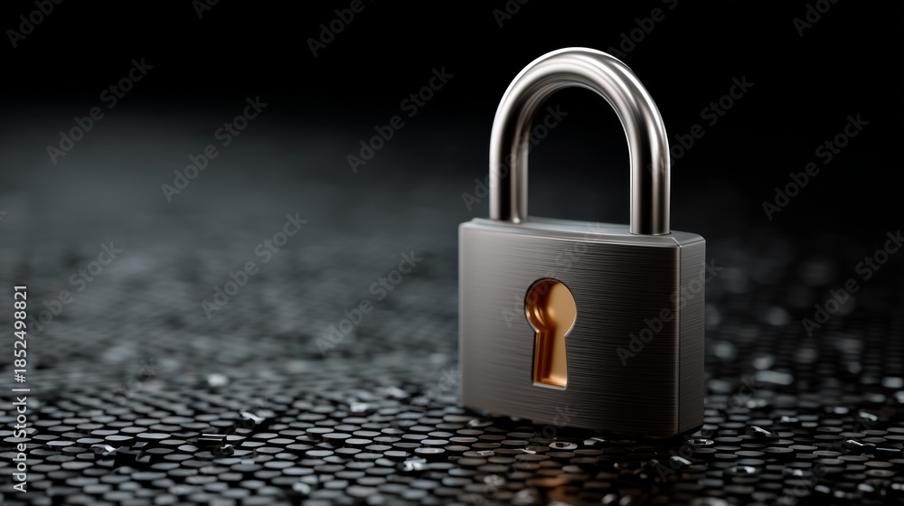 Fototapeta premium Padlock symbolizing internet privacy, secure network, and cyber protection on dark background with copy space