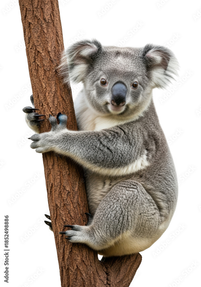 Naklejka premium Adorable koala bear climbing a tree with a curious expression