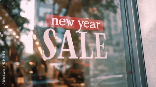 New Year Sale red and white text sign on shop glass, Storefront window display with holiday discount promotion sticker