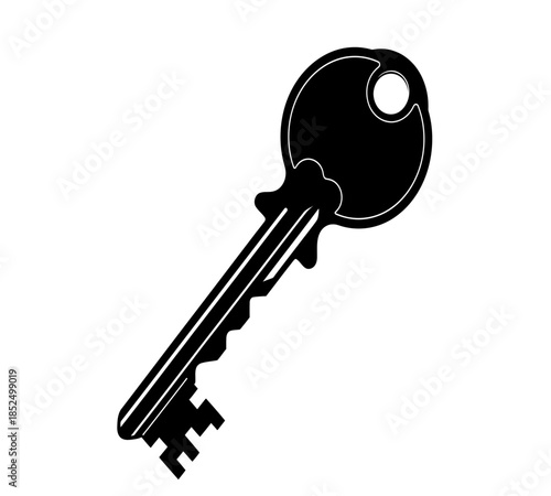 A simple black and white silhouette of a classic metal key displaying its intricate tooth pattern