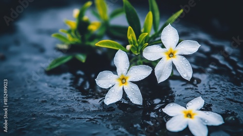 White Jasmine Blossoms Floating on Water Surface