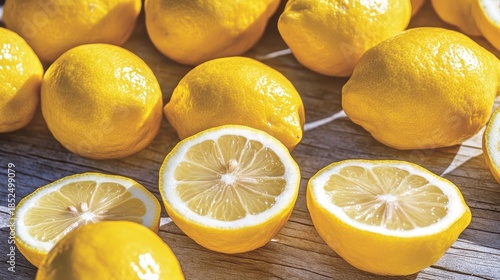 Yellow lemons with sliced halves on a rustic surface