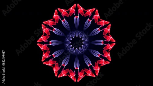 Intricate symmetrical kaleidoscope pattern showcases vibrant red and blue shapes against black background, creating mesmerizing visual effect that evokes harmony and beauty