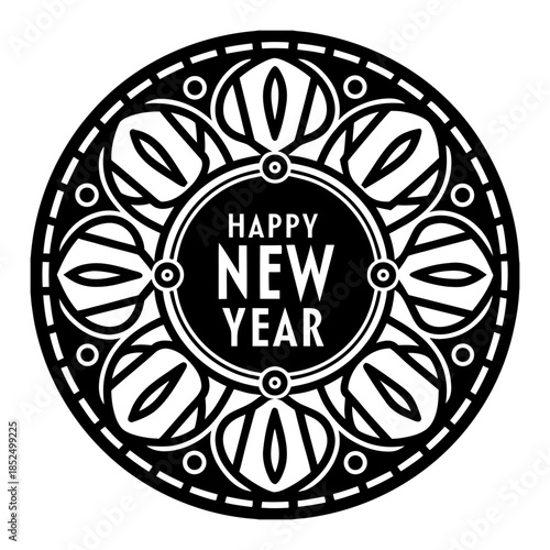 modern circular badge with “Happy New Year” clean typography, thin-line border, subtle gold sparkle accents, isolated on white, vector minimal emblem design
