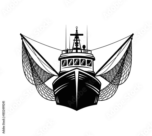 A detailed black and white illustration of a classic fishing trawler with outstretched nets is presented