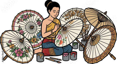 a woman painting a traditional umbrella.on a white background.