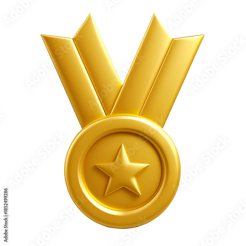 GOLDEN STAR MEDAL 3D ILLUSTRATION WITH YELLOW RIBBON FOR WINNER ISOLATED ON WHITE BACKGROUND