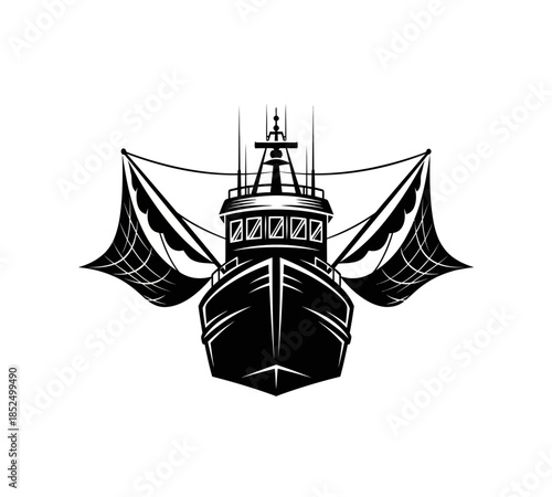 A striking black and white illustration of a vintage sailing ship with prominent sails and a detailed structure