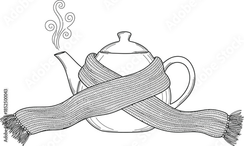 Hot teapot with steaming spout wrapped in a warm knitted winter scarf illustration line art