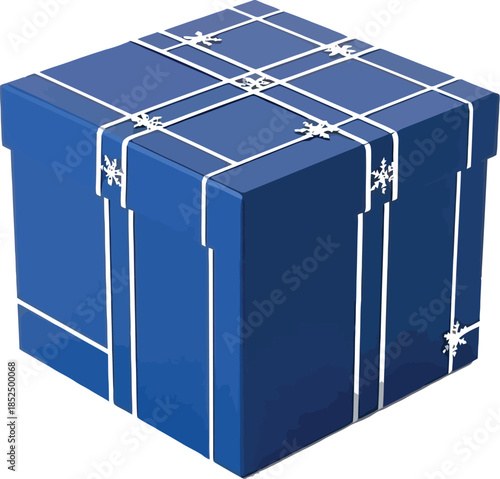 Blue gift box with white ribbon, silver snowflakes, winter holiday packaging design element