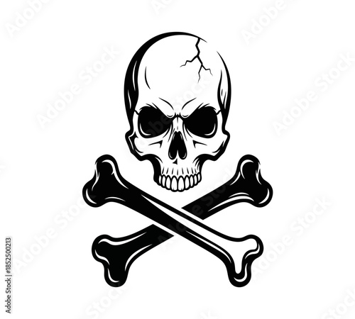 A stark black and white illustration depicts a human skull with crossed bones below it symbolizing danger