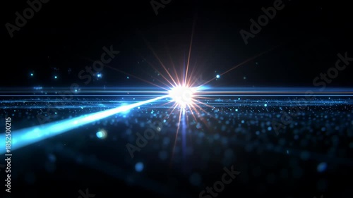 Bright lens flare and blue light beams create abstract sci fi atmosphere, with stunning horizontal streaks that evoke wonder, depth, and cosmic glow in dark settings