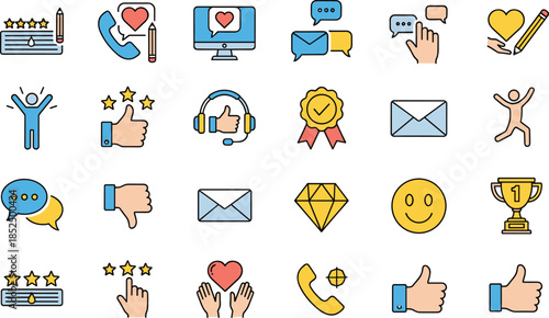 Customer service communication icon set with feedback rating support chat email phone approval flat vector illustration design collection ui symbols