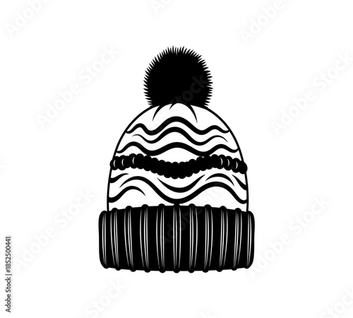 A simple black and white illustration of a knitted winter hat with a fluffy pom pom on top
