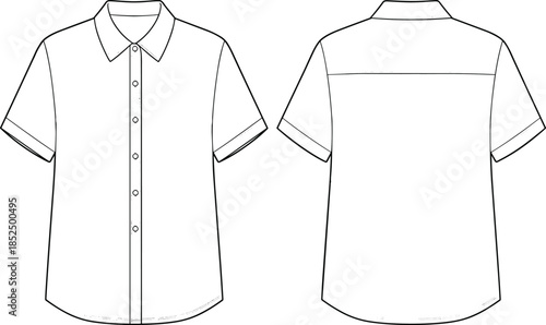 Men short sleeve button down shirt, front back view technical line drawing flat vector apparel template fashion design mockup illustration