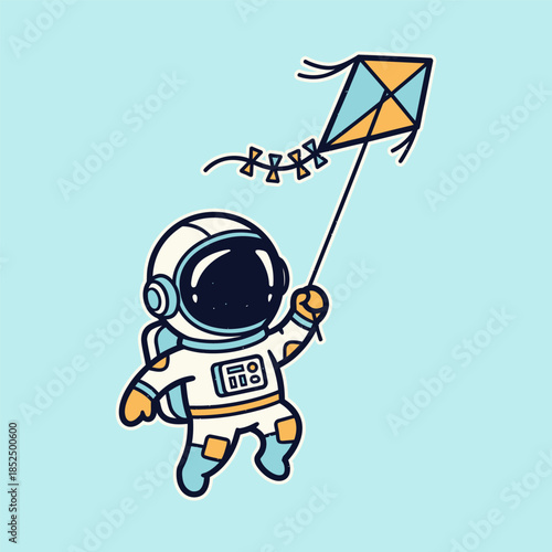 Cute astronaut cartoon flying a kite with playful style and soft colors. Perfect for kids t-shirt graphic, children apparel, nursery decor, preschool design, and fun space themed prints.