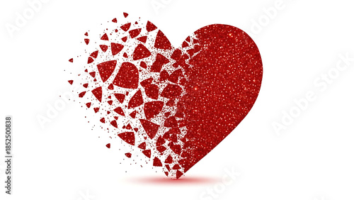 Broken heart with shattered pieces on white background