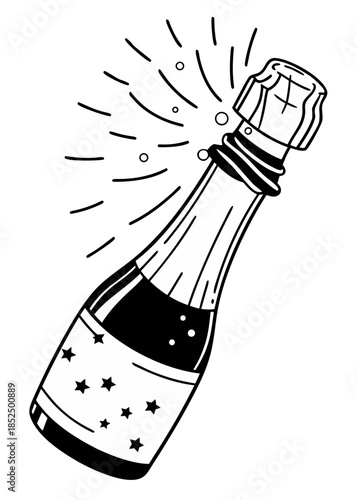 minimal champagne cork flying upward, thin vector outline, small sparkling particles trail, soft gold/pastel highlight, isolated on white, festive celebration icon
