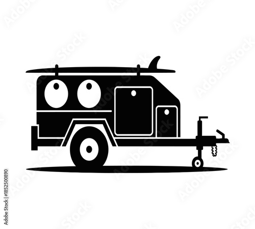 A simple black and white illustration of a small camping trailer with two round windows and a tow hitch