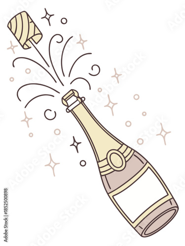 minimal champagne cork flying upward, thin vector outline, small sparkling particles trail, soft gold/pastel highlight, isolated on white, festive celebration icon
