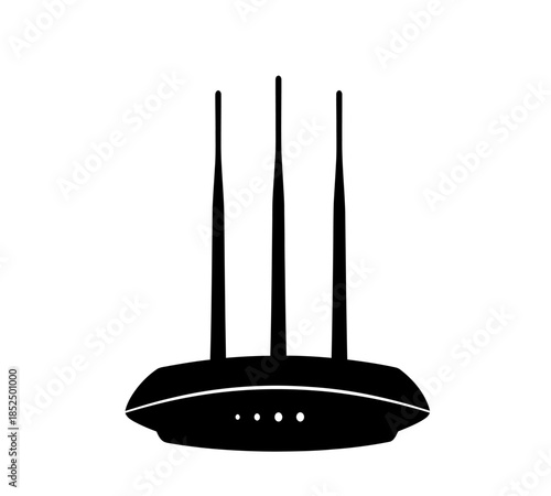 A simple black silhouette of a wireless router with three antennas indicating network connectivity and data transmission