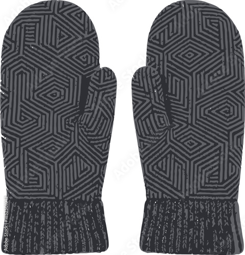 Geometric knit mittens, dark grey winter gloves, warm wool accessory, modern pattern, cold weather apparel
