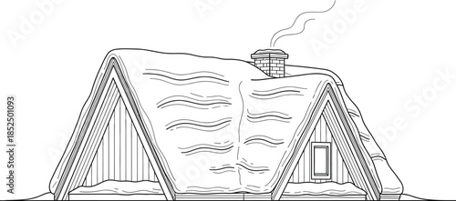 Winter cabin illustration, snow covered a frame house drawing, rustic winter scene with chimney smoke outline