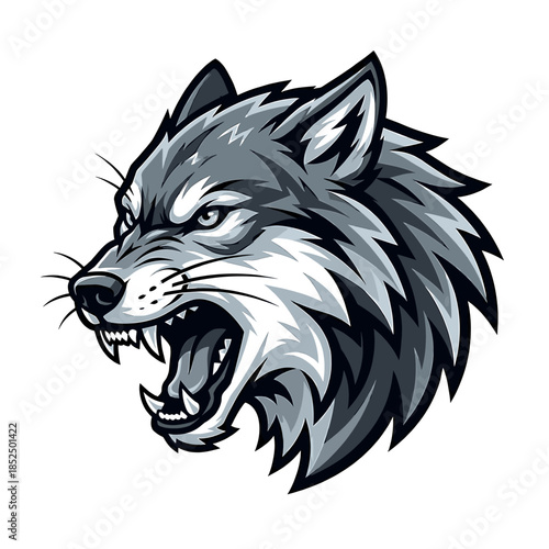A gray wolf's head with an open mouth and sharp teeth on a white background in a cartoon style.