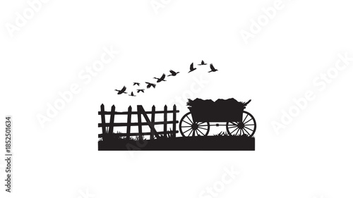 Black Silhouette Horse Cart beside Wooden Fence with Flying Birds